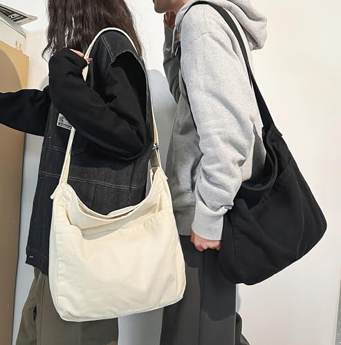 Image of Cotton Tote Handbag Women Canvas Crossbody Beach Bag Hobo Shoulder Tote Bag with 3 External Pocket,Zipper Closure