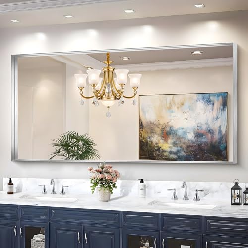 CIRCUMI Silver Bathroom Mirror 72x36 Rectangular Mirror with Deep Metal Frame Brushed Finish Tempered Glass Large Mirror for Wall Over 2 Sinks Installed Vertically/Horizontally Crystal-Clear
