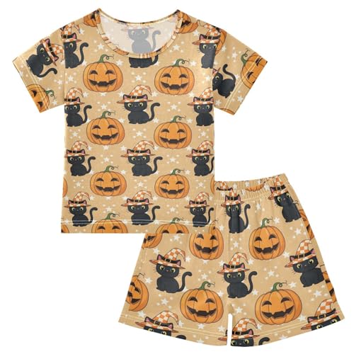 Pajama Short Sets Halloween Cats Pumpkins Soft Cotton Summer Sleepwear 2 Piece PJS Size 5-14T