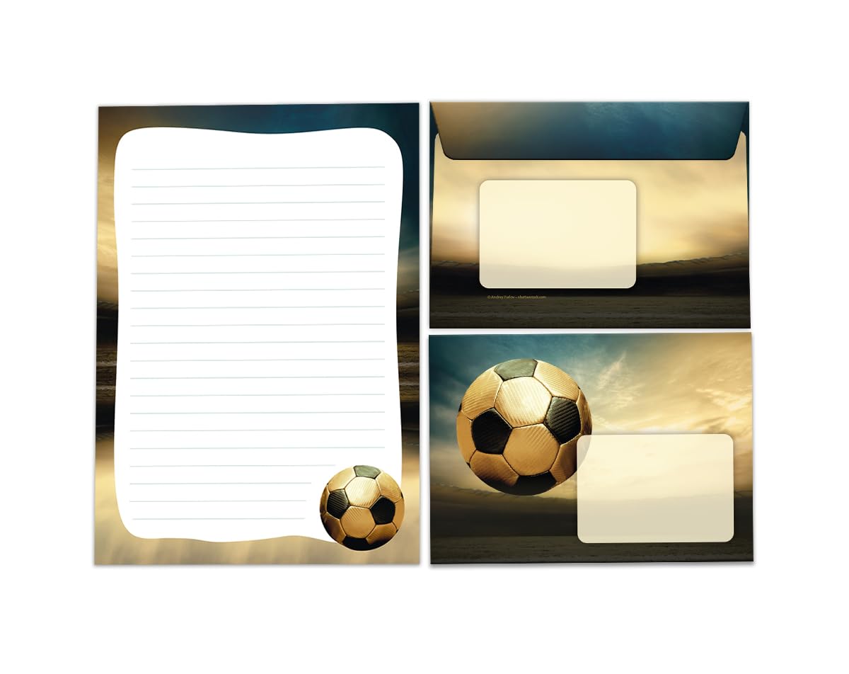 JuNa-Experten Gold Football Children's Motif Letter Pad Lined A5 (25 Sheets + 15 Envelopes) - Classic Style Stationery Writing Paper Set