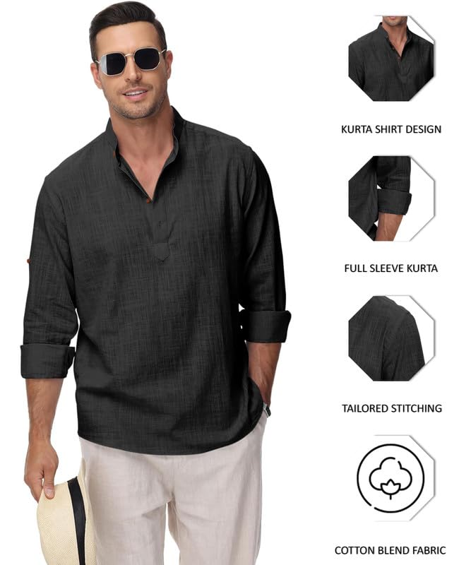 Image of Macsivo Men's Cotton Blend Solid Short Kurta with Regular Lenth Mandarin Collar Short Button Placket Rolled up and Full Sleeves Kurta for Men