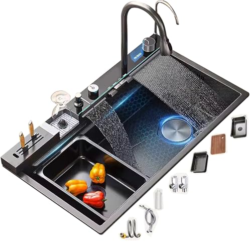 Fregadero de cocina de cascada de acero inoxidable negro con pantalla de temperatura, fregadero grande de un solo tazón con accesorios completos (88 x 48 x 23 cm)