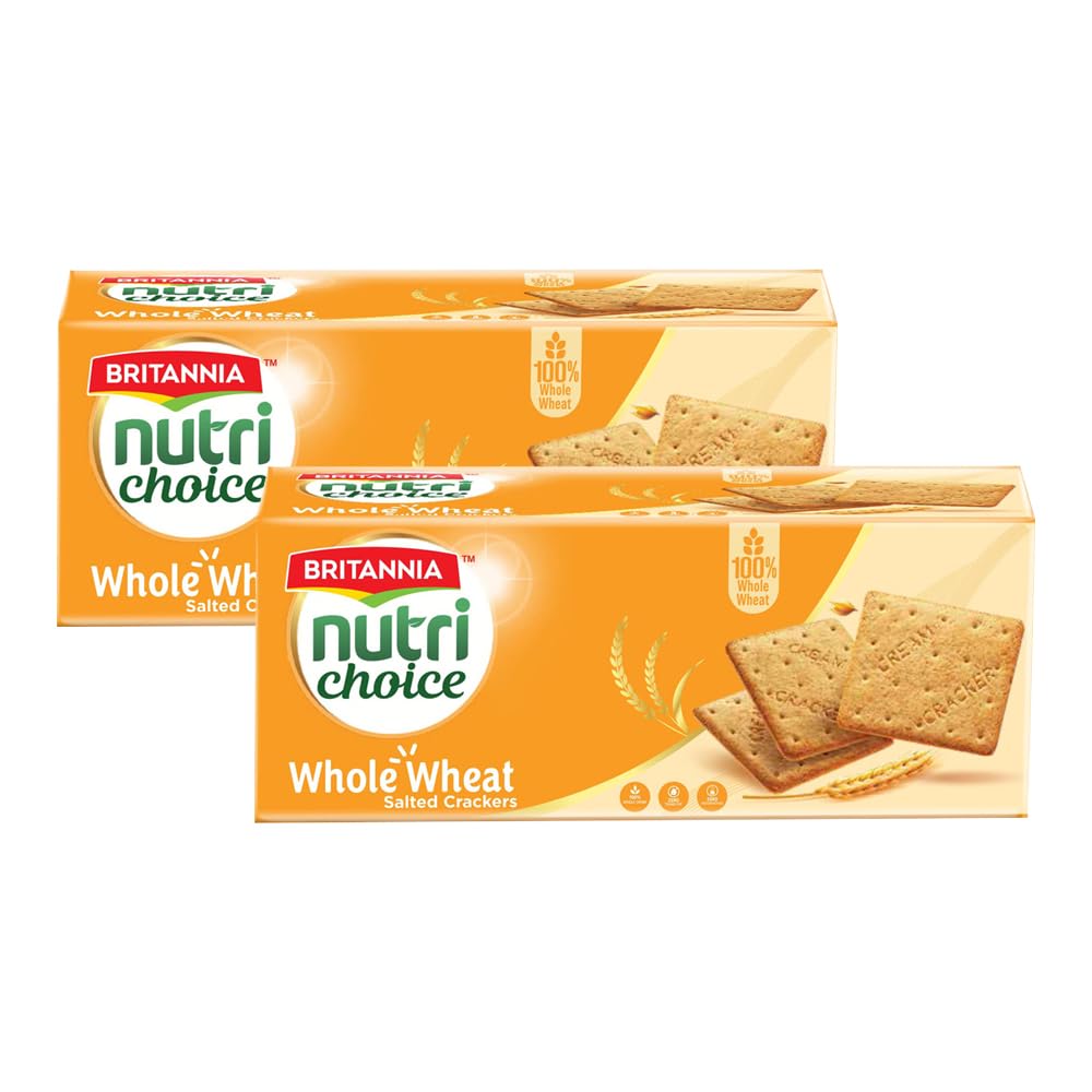 Britannia Nutri Choice Whole Wheat Salted Crackers 7.05oz (200g) - Healthy Breakfast & Tea Time Snacks (Pack of 2)