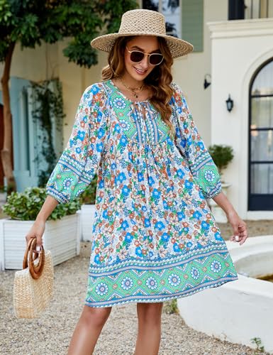 Image of Bluetime Women Casual Summer Dress Boho V Neck 3 /4 Sleeve Babydoll Floral Print Flowy Beach Dress