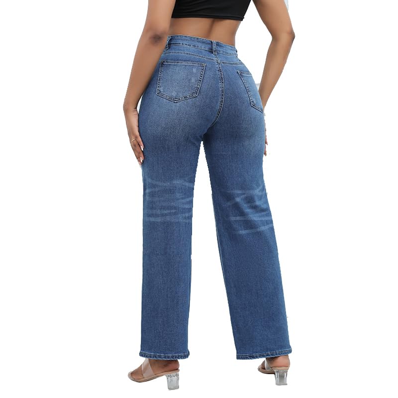 Women Stretchy Distressed Wide Leg Jeans Ripped Mom Baggy Straight Boyfriend Trendy Trouser Denim Pants for Women4