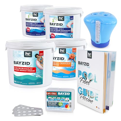 Bayzid Starterset für große Pools – Komplettes Wasserpflege-Set mit Chlorgranulat, Multi-Tabletten, pH-Minus, Tester & Dosierer – Effektive Poolpflege für sauberes Wasser