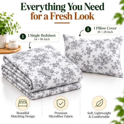 Image of Cottington Lane Cotton Single Bedsheet 68x90 Inch, Grey Bloom Elegance