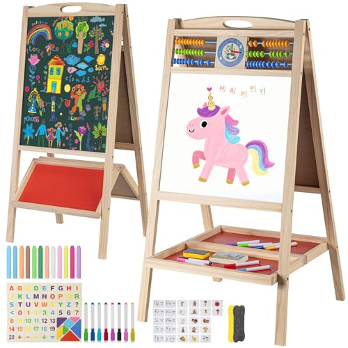 Kids Wooden Easel with Abacus, Double Sided Magnetic Drawing Board Dry Erase Whiteboard & ChalkboardοΌ Foldable Easel for Toddlers 2-4 Years Painting Easel Kids 3-6