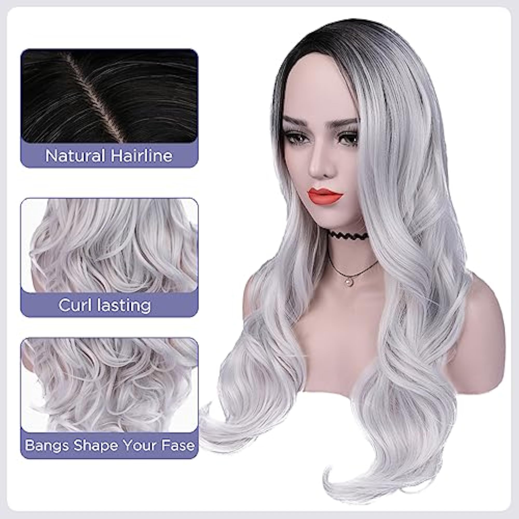 Ombre Wig Black To Gray Long Wavy Synthetic
