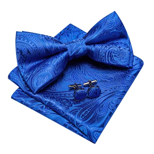 Image of Barry.Wang Paisley Striped Bow Tie for Men Silk Pre-Tied Bowtie Pocket Square Cufflinks Set Formal Wedding Party Prom