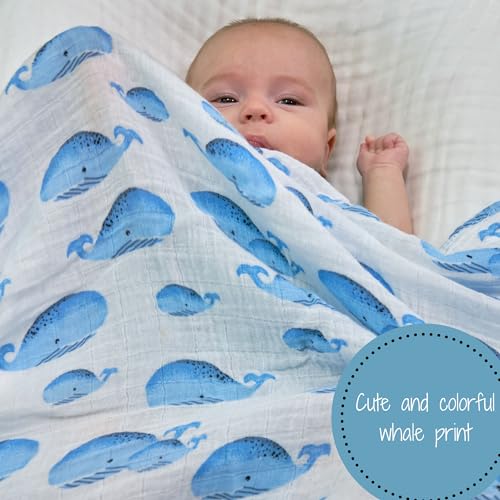 Image of LollyBanks Muslin Swaddle Blanket, 100% Muslin Cotton Swaddles for Baby Boys Breathable and Lightweight, 47 X 47 Inches Newborn Receiving Blanket for Boys, Baby Essential, Registry (Whale Print)