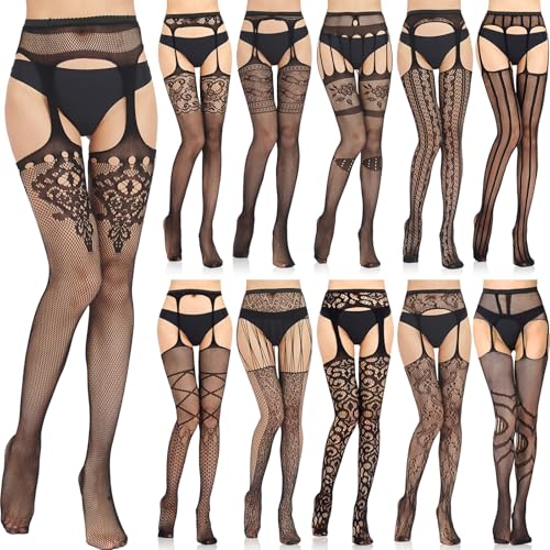 Geyoga 11 Pairs Women Fishnet Tights Fishnet Stockings High Waist Tights Suspender Pantyhose Thigh High Stockings for Women