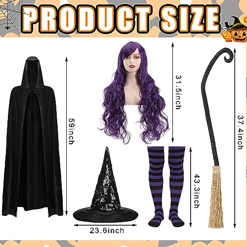 Mepase 5 Pcs Halloween Witch Hats Witch Costume Cloak Cosplay Witch Cape Purple Nylon Striped Tights Cosplay Wig Witch Brooms For Women Adults Party Costume Accessory thumb #1