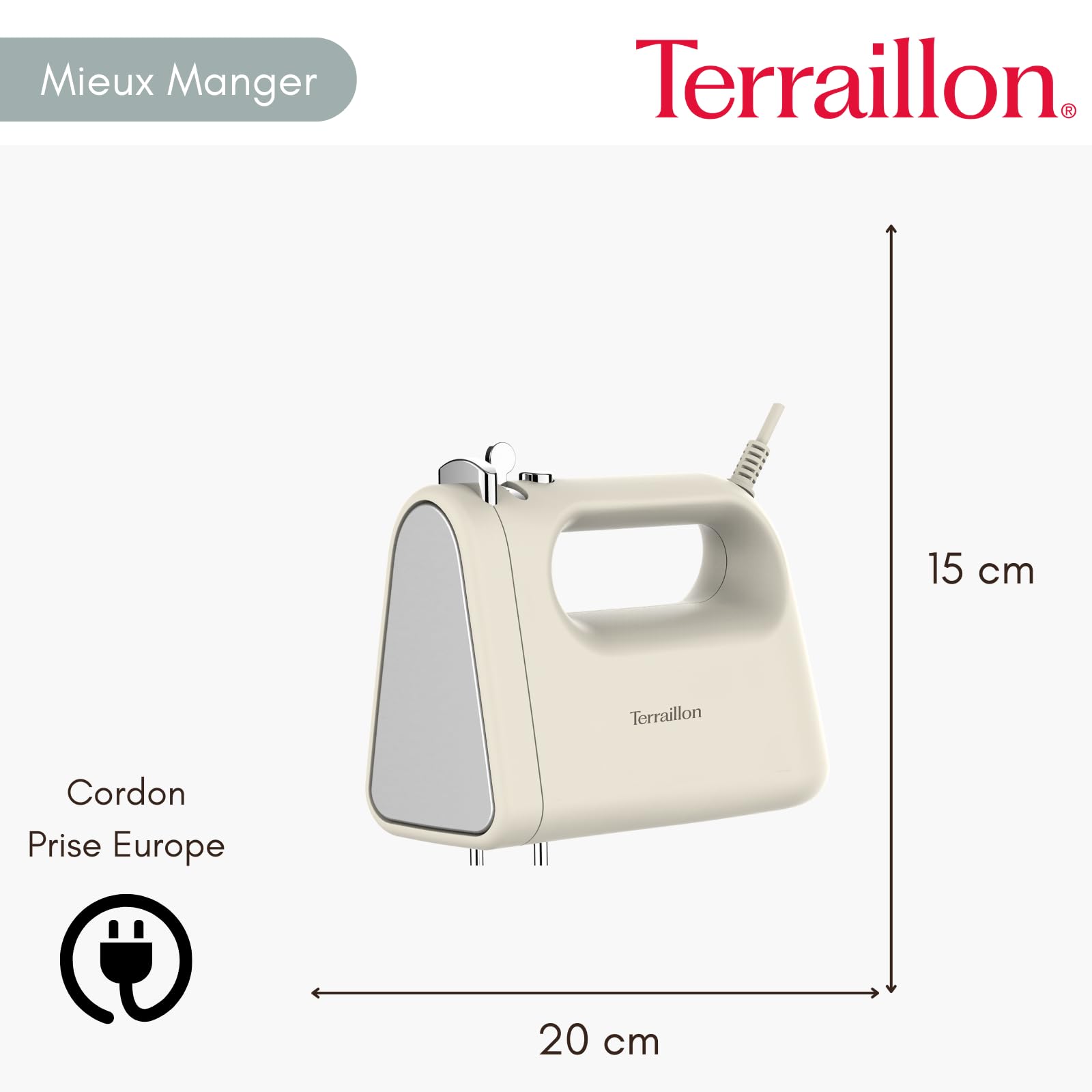 TERRAILLON - SUNRISE - Sbattitore elettrico, frusta e ganci impastatrici in acciaio inox, funzione turbo, 5 velocità, 300 W, pulsante Eject, Design vintage, Crema