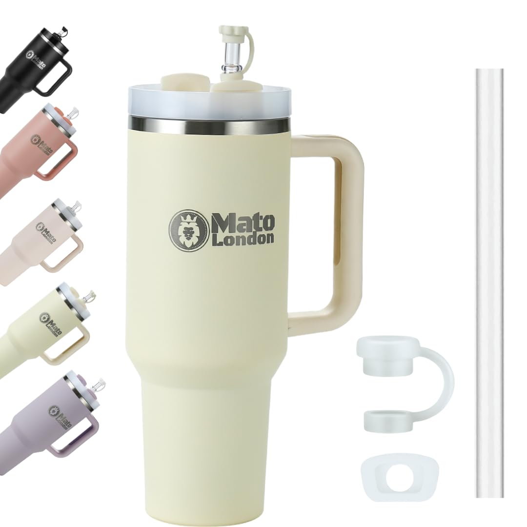 Mato London 40oz Tumbler with Straw & Handle – Stanley Cup Style Double-Wall Stainless Steel | Leakproof, BPA-Free | Insulated Travel Mug for Hot & Cold Drinks | Reusable Lid & Accessories Included
