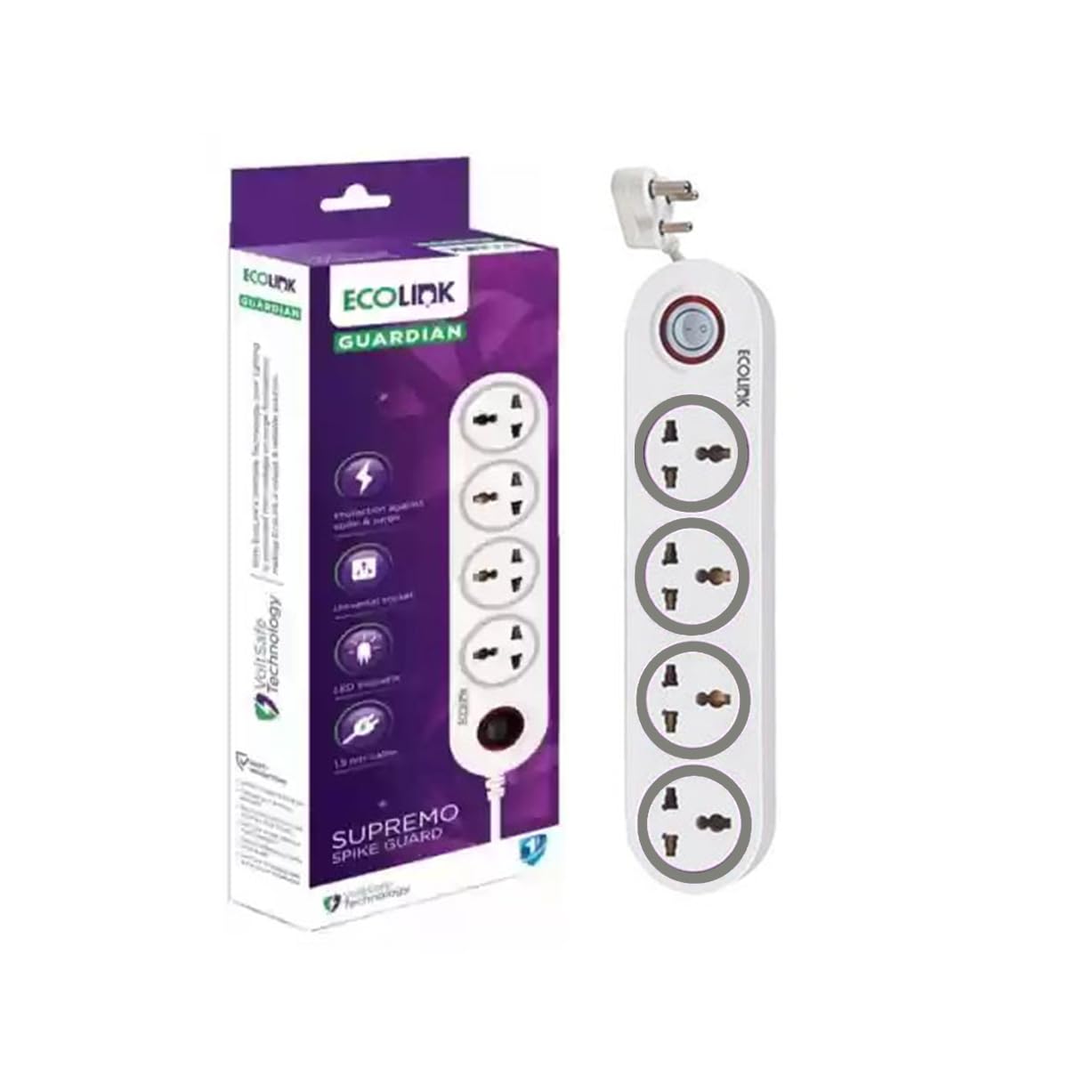 EcoLink 4 Way Spike & Surge Guard 6A Grey | 4 Socket Protector | Durable Build | Heat-Resistant Body | Safe Power Distribution | Pack of 1-image-4