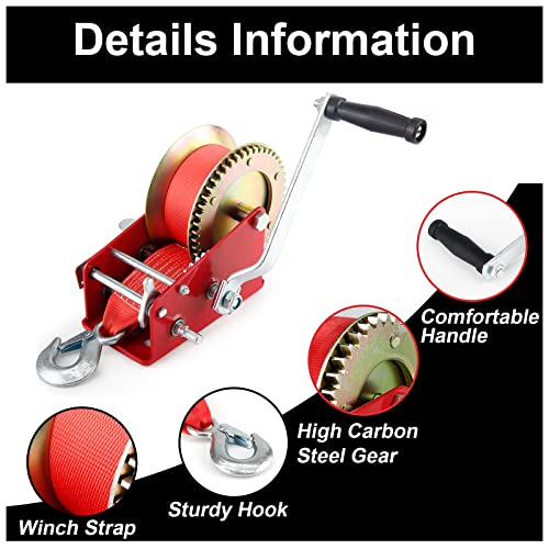 VZCY 3500 LBS Capacity Heavy Duty Hand Winch, 10m(32.8 ft) Nylon Strap 2 Gear Manual Crank Winch for ATV Boat Trailer Truck Auto, Red - Image 3