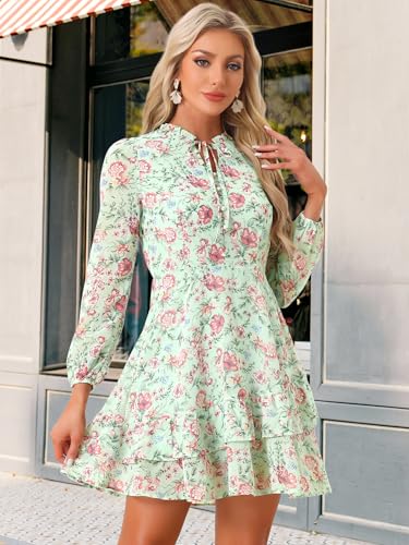 Image of Allegra K Women's Spring Dresses 2026 Tie V Neck Semi Sheer Long Sleeve Layered Tiered Chiffon Mini Floral Dress