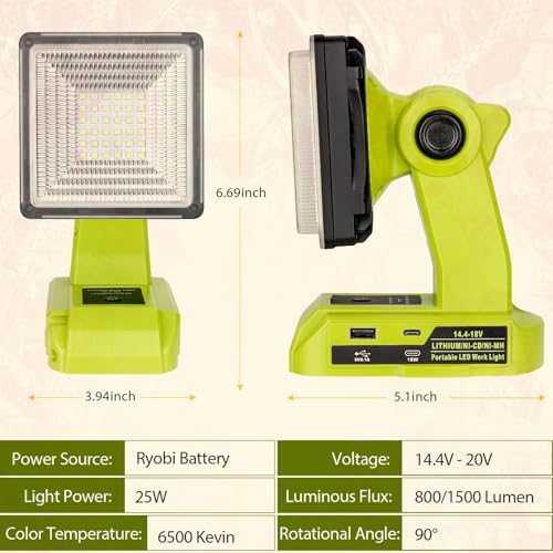 Image of 25W 2000LM Cordless LED Work Light Compatible with Ryobi One 18V Battery Portable Flood Lights for Outdoor Indoor Workshop Job Site, LED Floodlight with Pivoting Head /USB Port(No Battery)