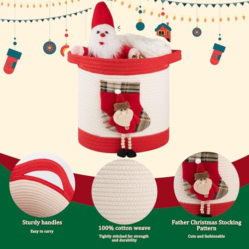 Image of OIAHOMY Ornament Storage Basket with Santa Stocking, Christmas Ornament Storage with Handles, Empty Gift Basket for Towels, Clothes, Books Use in Living Room, Kids, Pet Toy Basket - Red