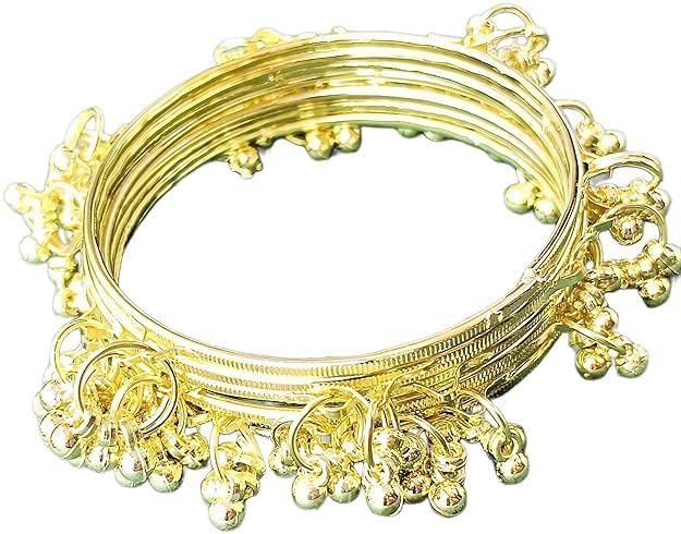 Image of JPS 16 Pcs Trendy Stylish Glass & Kashmiri Ghungroo Bangles Set for Women & Girls | Gold-Plated Traditional Festive Wedding Party Jewellery Chudi Set (12 Glass + 4 Metal)