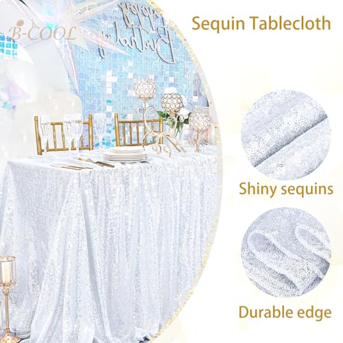 Image of B-COOL Shimmering Sequin Tablecloth Christmas Rectangle Table Cloth Linen Glitter Cake Table Cloth 90x90 Inch for Wedding Party Banquet, Laser Silver