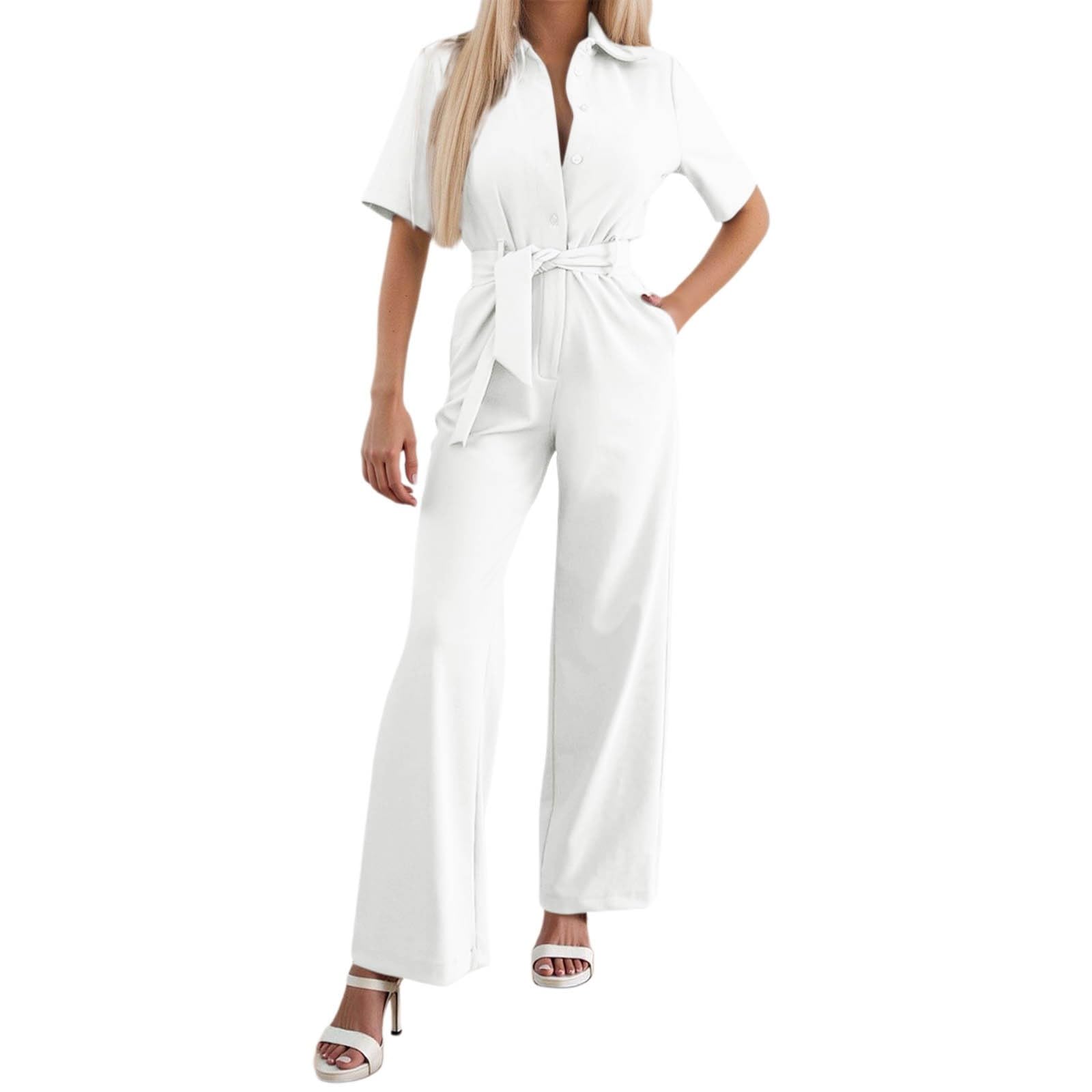 Zomerjumpsuit voor dames, casual, effen, V-hals, jumpsuit met korte mouwen, linnen, riem, jumpsuit, lange zakken, romper, trainingspak, outdoor, drakenkostuum, blauw, L