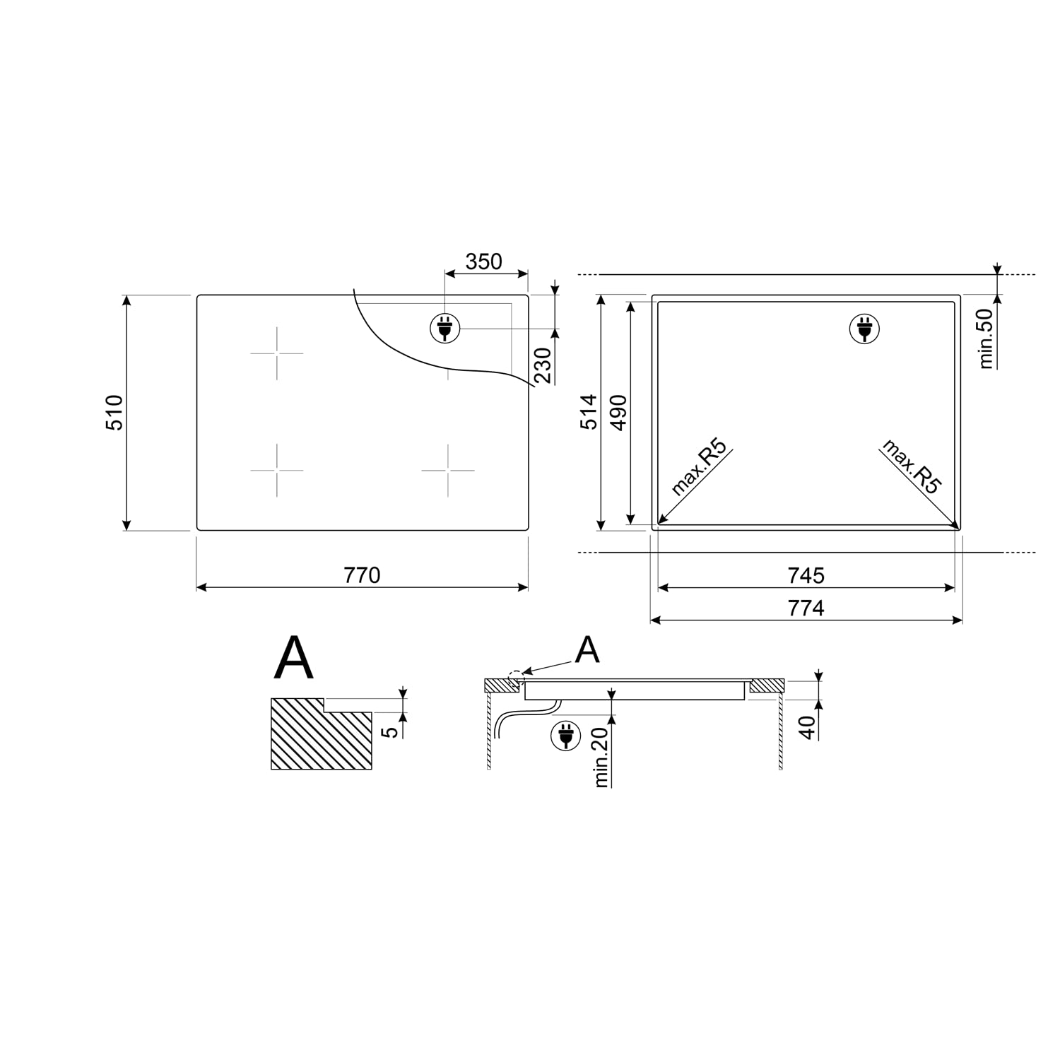 Smeg 77 cm Ultra Low Profile 5 Zone Ceramic Hob
