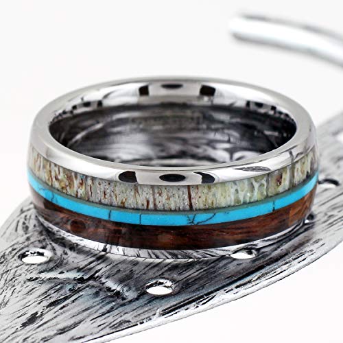 King's Cross Personalized Engraved 6mm/8mm Brilliant Polished Silver Tungsten Carbide Low Dome Band Ring with Deer Antler, Blue Turquoise, & Koa Wood Inlays.4