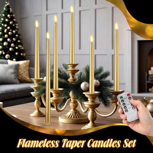 Image of Rossesay 16 Pcs Gold Flameless Taper Candles Battery Operated Candles with Remote Timer 8.5 inch 9.6 inch 10.8 inch 12.8 inch LED Flameless Flickering Candlestick for Halloween Christmas Wedding Party Decor