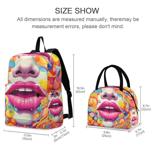 Backpack Lunch Bag Set Art Lip Painting Print, Big Storage Travel Backpacks with Insulated Lunch Box for Office Hiking Picnic2