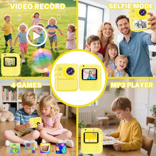Image of Instant Print Camera for Kids, 1080P Video Camera with 3 Print Rolls | 32GB Card & Cute Cover, Gift for Girls Boys Age 3-12, Toddler Digital Camera with Games, Filters, Music - Yellow