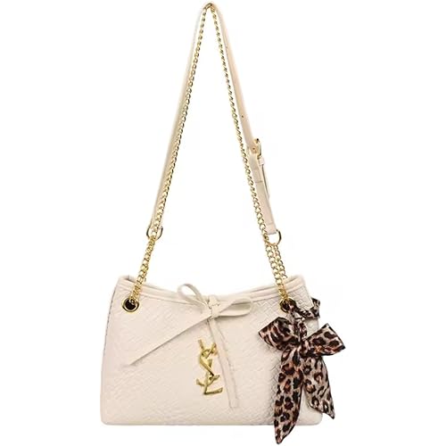 Luxury White Woven Leather Shoulder Bag – Gold Chain Strap & Bow Accent, Elegant Designer Style Handbag for Women