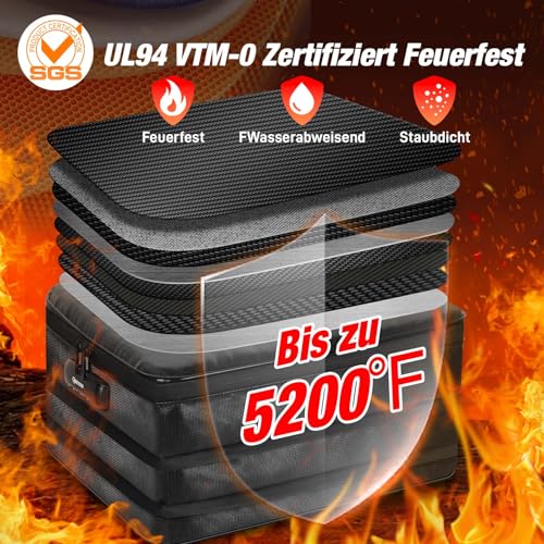 Qaccos Erweiterbare Feuerfeste Dokumententasche mit Schloss, 5200°F UL94-V0 Zertifiziert wasserdichte und Feuerfeste Dokumentenbox, Großes Aufbewahrungsbox mit 8 Fächern, Dokumentenmappe Aktentasche