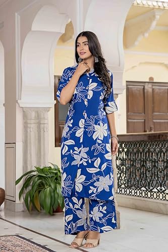 Image of Women's Floral Print Rayon Kurta Palazzo, Round Neck Half Sleeve, Regular Fit, Ethnic Casual Wear