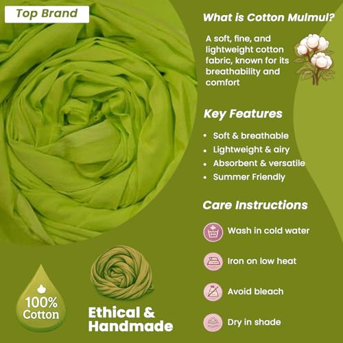 Image of Plain Mulmul Soft Cotton Fabric | Lightweight Breathable Mulmul Cloth | Super Quality Natural Cotton Fabric for Kurta, Dress, Dupatta, Lining & Craft Use (Neon Green, 3.5 Meters)