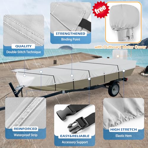 Solim 14FT Jon Boat Cover with Motor Cover, 900D PU Waterproof Heavy Duty Mooring Cover, Trailerable Marine Grade Polyester Canvas Replacement for Jon Boat 14' Long Beam Width Up to 70 in, Gray