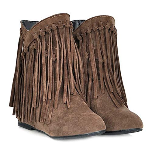 VOKLIN Women's Winter Suede Fringed Ankle Boots Fashion Round Toe Low Wedge Heel Dress Tassel Short Booties