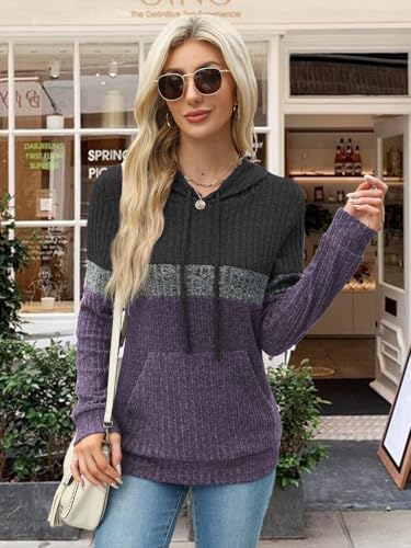 MixShe Women’s Color Block Knit Hoodie – Casual Long Sleeve Pullover Sweater Tops with Pocket
