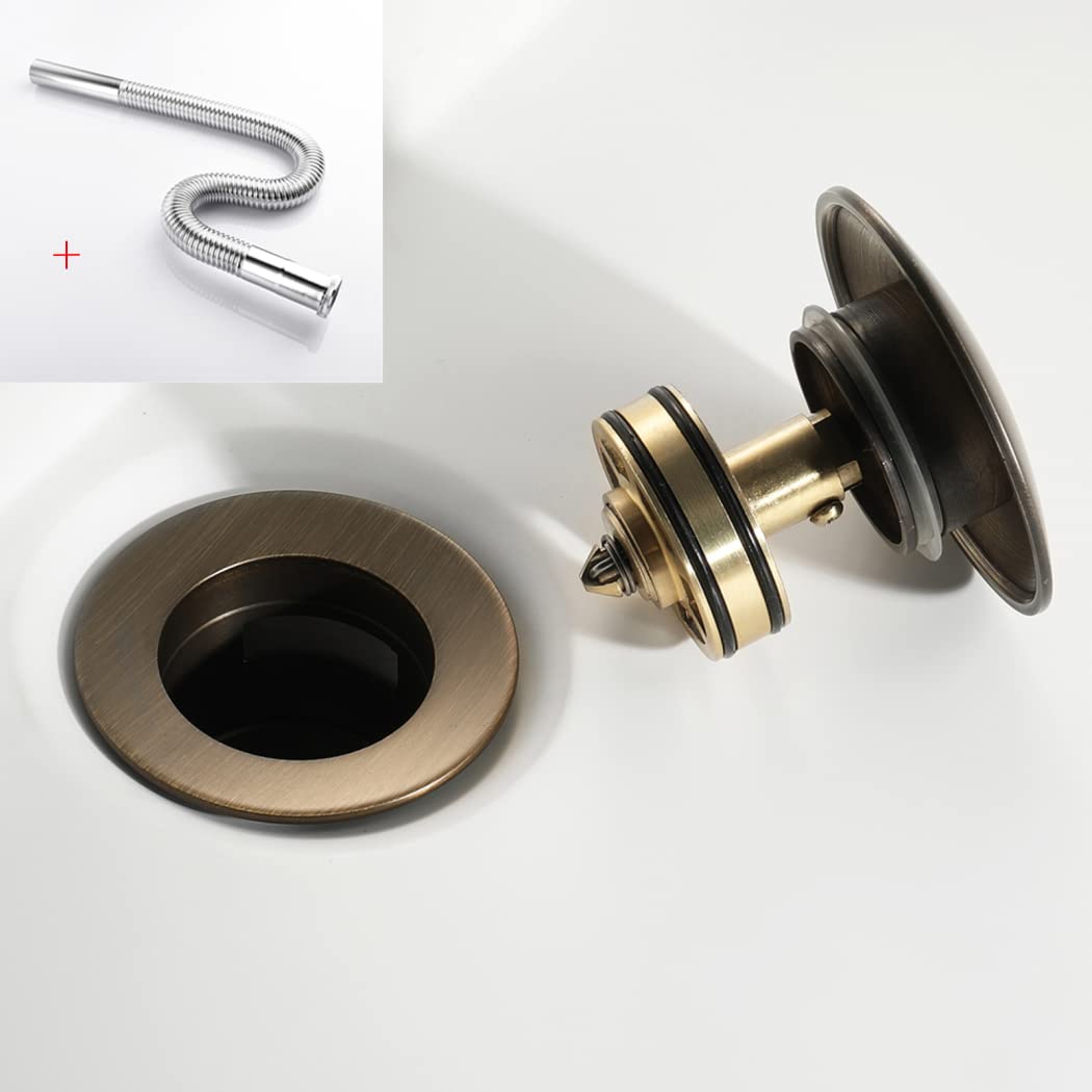 WRIST Drenaje del Lavabo del Baño, Desagüe Emergente del Fregadero del Recipiente con Tapón De Cesta Desmontable Desagüe del Baño De Latón con Manguera De Acero Inoxidable Y Rebosadero,Brozne