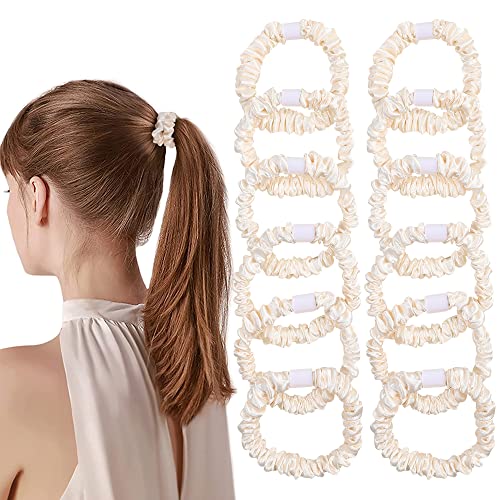 Image of Ivyu Hair Ties Satin Scrunchies - Small Mini Scrunchy for Women Thick Thin Hair Accessories Cute Soft No Slip Hair Elastics Ponytail Holder for Curly Hair No Damage Hairties Gift for Girls Champagne