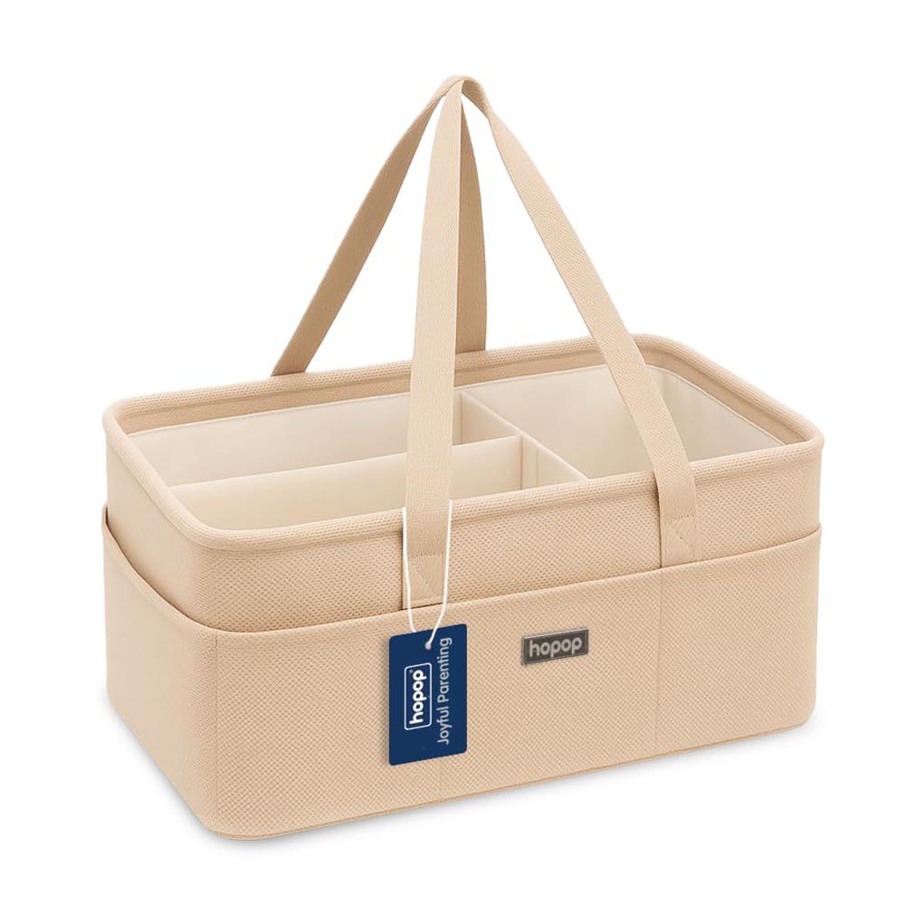 Hopop Canvas Diaper Caddy Bag for Baby Products | Diaper Organizer Basket for Baby Essentials | Portable and Foldable Diaper Caddy Organizer | Nursery Storage Bin for Diapers & Wipes | Beige-image-3