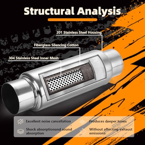 Image of A-KARCK 3 inch Inlet Exhaust Resonator, 3 inch Inlet 3 inch Outlet 12 inch Overall Length Muffler Resonator Stainless Steel,Polished