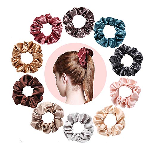 Velvet Satin Cloth Hair Scrunchies Ties - Two Types Elastic Bobbles Hair Bands Scrunchy Ponytail Holders Resilient Painless Phone Cord Hair Rubber Bands Hair Accessories for Girls Women (10-Pack)