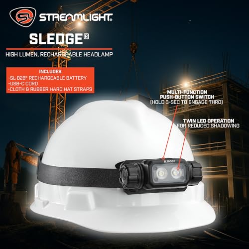Image of Streamlight 89019 Sledge 1000-Lumen Max 600-Lumen Standard 1800-Candela Rechargeable Low-Profile LED Headlamp with Elastic and Rubber Hard Hat Straps, Black