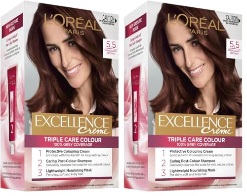 L'Oréal Paris Permanent Hair Dye, Strengthening & With Up To 100% Grey Coverage, Excellence, Mah (Pack of 2)