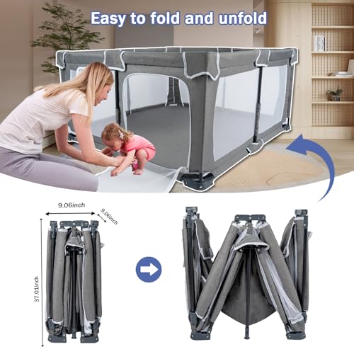 Image of Foldable Baby Playpen 59 inchx71 inch，Playpen for Babies and Toddlers with Mat，with Door，Indoor and Outdoor Baby Fence Play Area (Grey (Cationic Fabric) with Mat