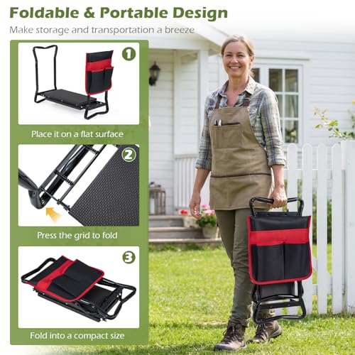 Image of 2-in-1 Garden Kneeler and Seat, Folding Garden Seat w /EVA Foam Kneeling Pad & Removable Tools Pouch, Sturdy Steel Frame, No Assembly, Portable Heavy Duty Garden Stool for Women Men Seniors