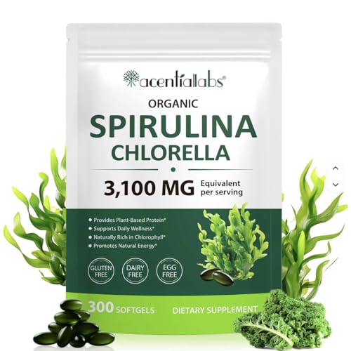 Spirulina + Chlorella Softgels Organic – 3100mg Equivalent per Serving – 17-in-1 Super Greens Nutrient Blend (Kale, Barley Grass, Wheatgrass, Alfalfa) – Energy & Daily Wellness Support – 300 Softgels