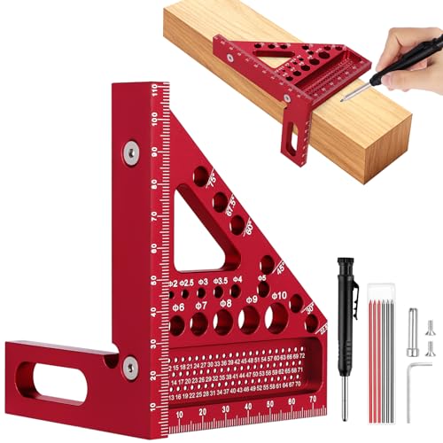 Flintronic Kwadrat stolarski 3D, linijka pomiarowa kątowa ze stopu aluminium 22,5–90 stopni, 110 mm, wysoka precyzja, kwadratowa, z długopisami do obróbki drewna, dla inżynierów, stolarzy, czerwona